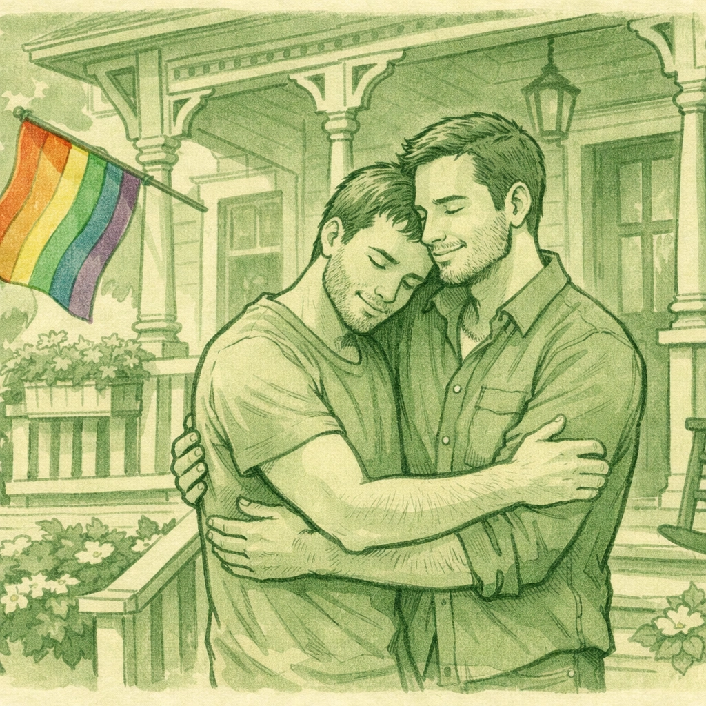Gay couple embracing on Rainbow House porch with pride flag