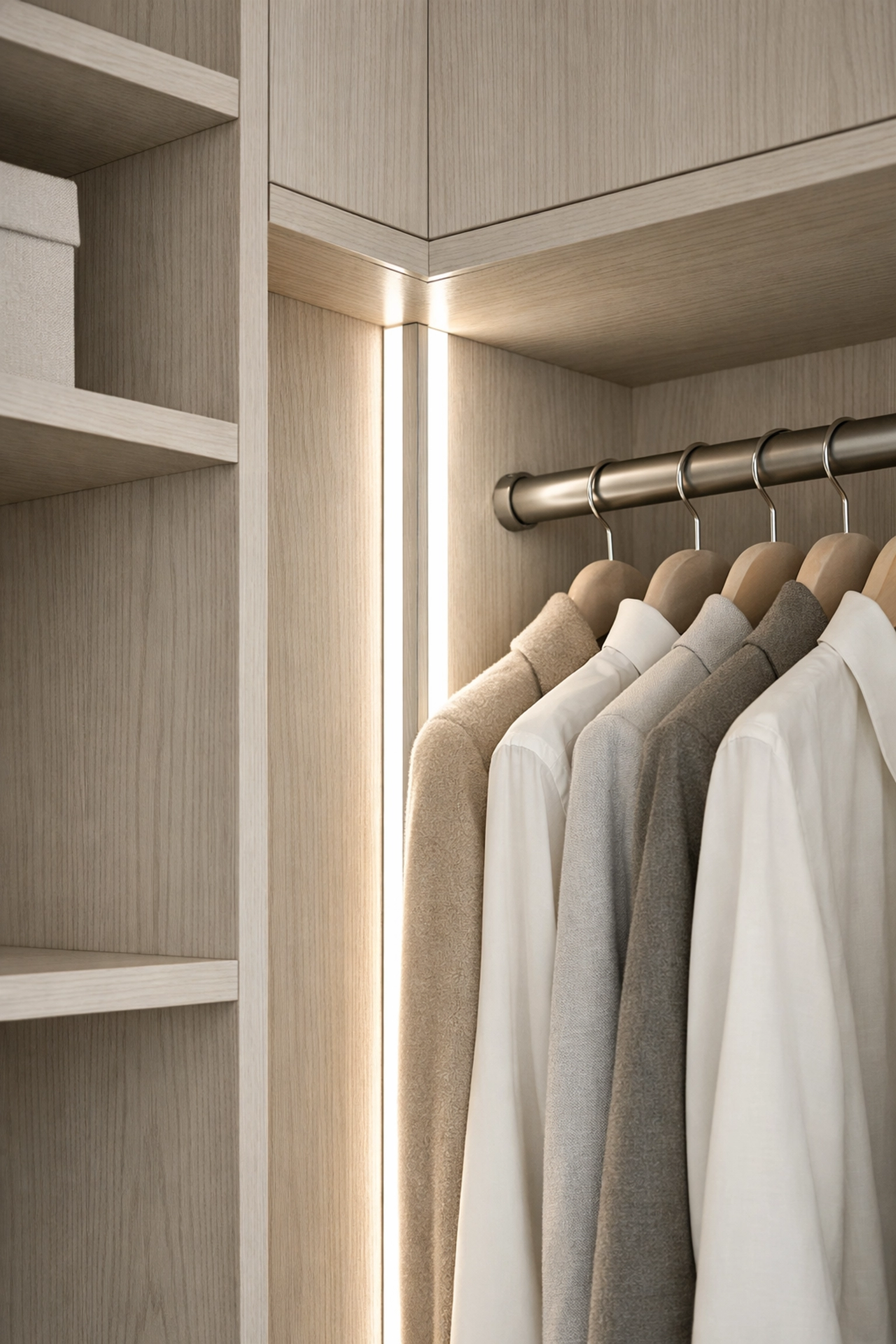 Luxury closet featuring a vertical corner aluminum LED channel for seamless, dot-free lighting.