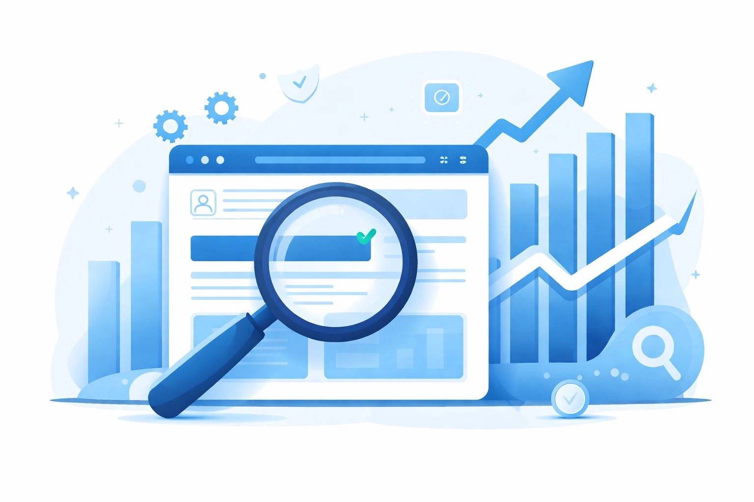 Magnifying glass over website with upward graphs, representing SEO challenges for DIY sites