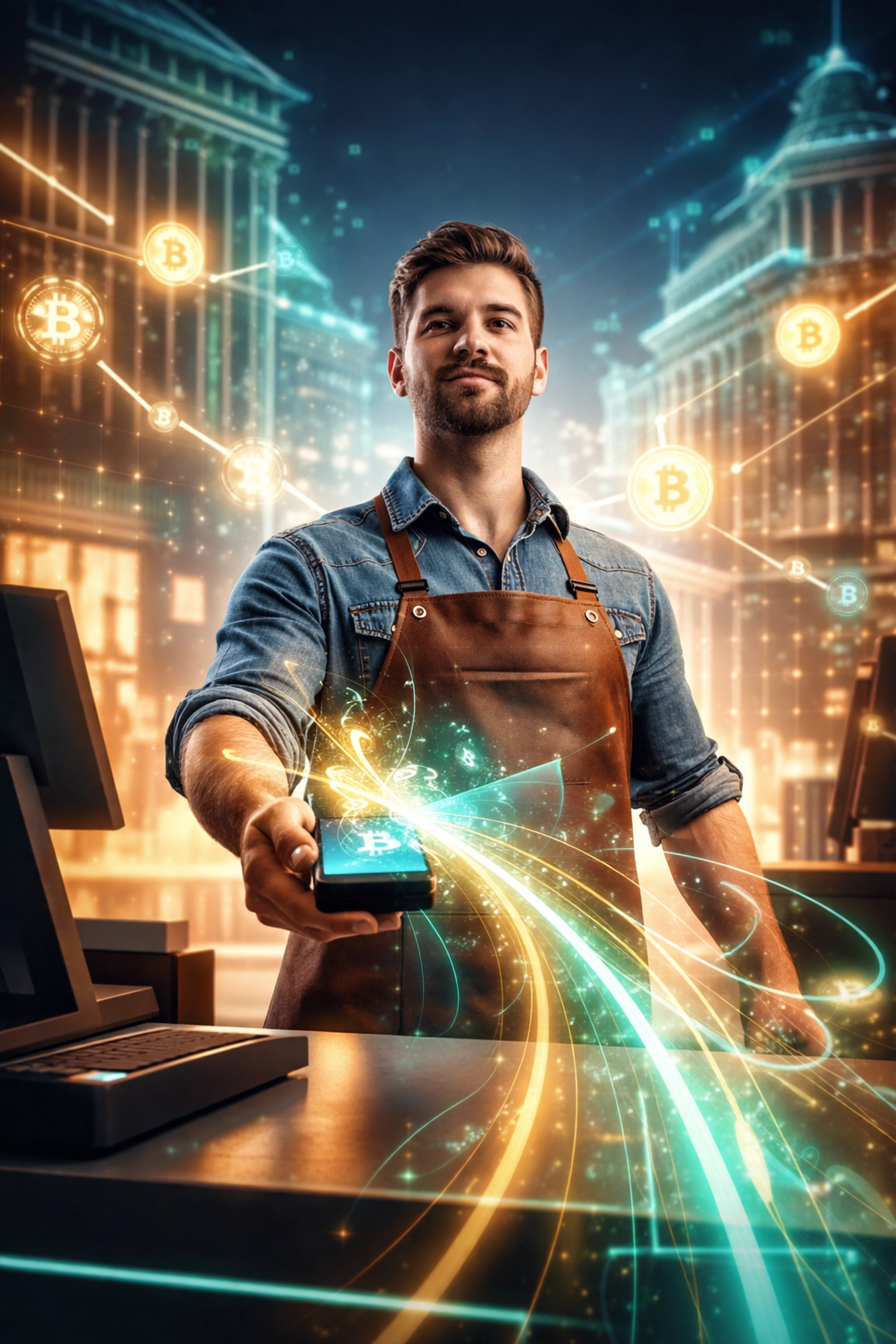 Small business owner accepting crypto at checkout with digital payment streams, showcasing Web3 global payments and financial empowerment.