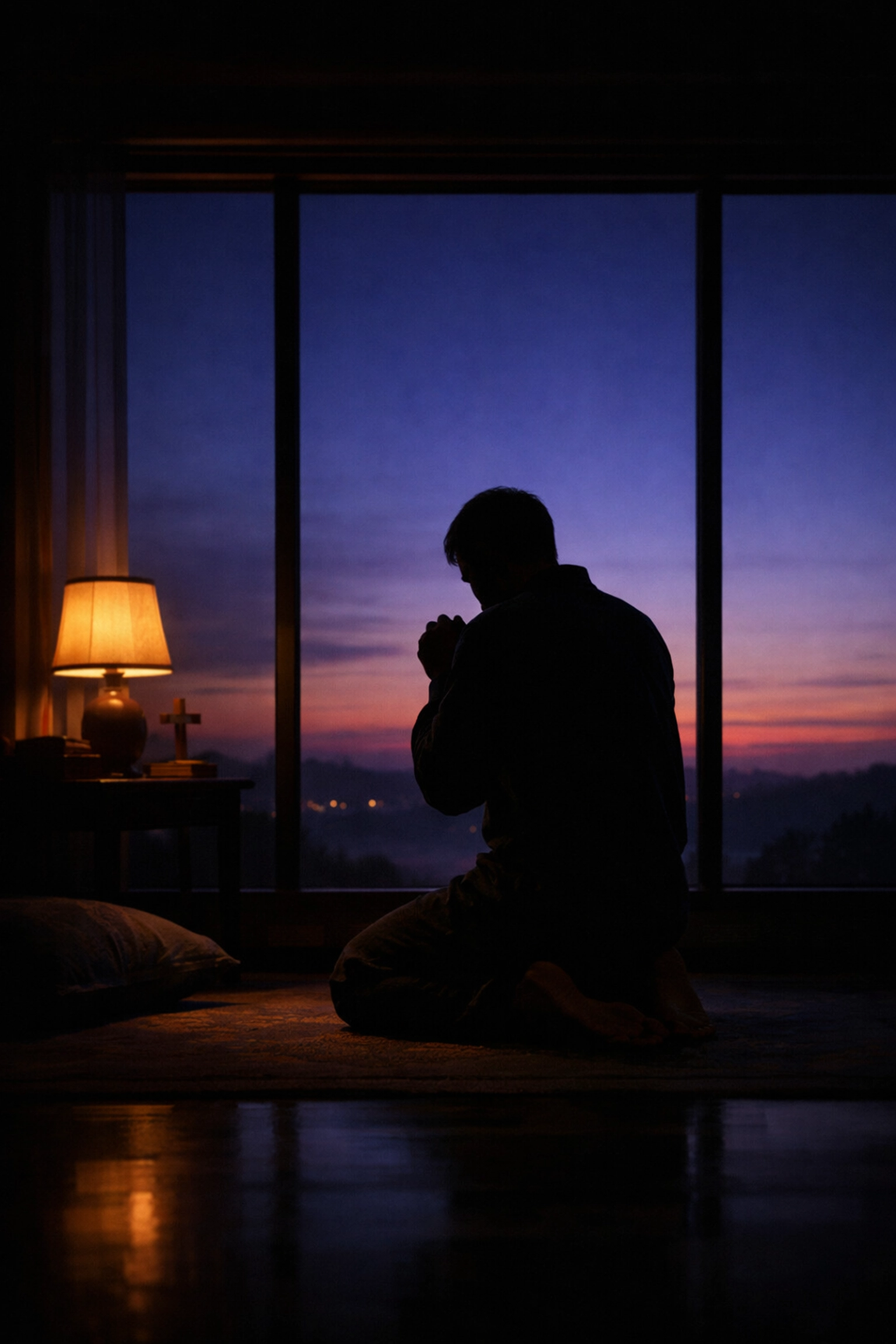 Person kneeling in prayer at dawn window following Jesus's early morning example