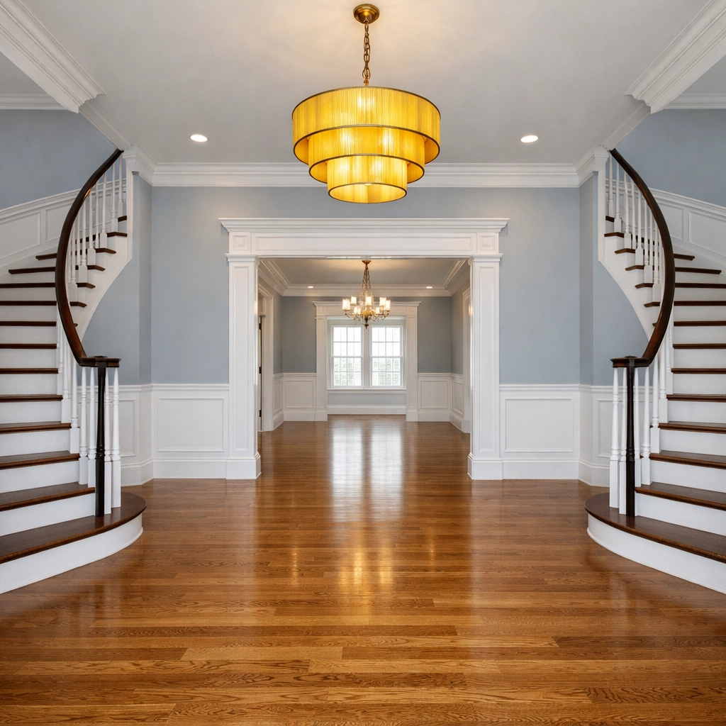 A spotless foyer in a Massachusetts colonial home ready for a final walkthrough after move-out cleaning.