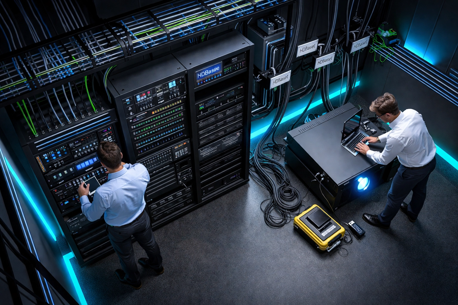 Professional AV installation with structured cabling for large-venue projector system