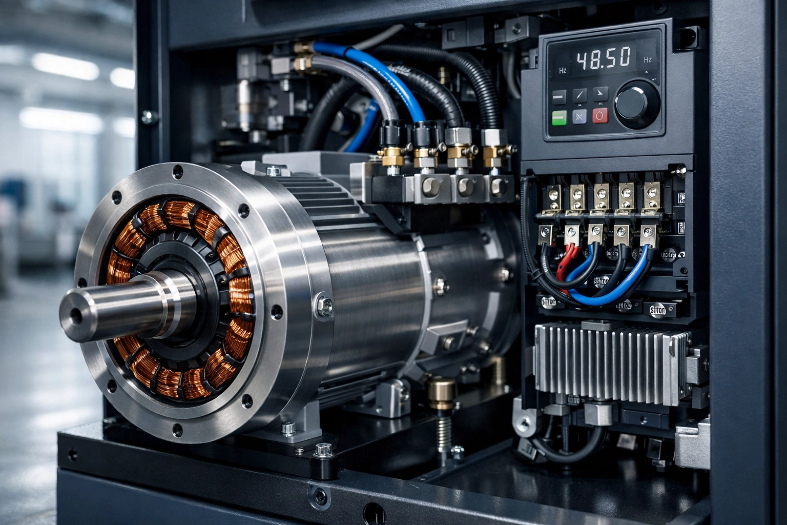 High-efficiency permanent magnet motor and inverter inside a PMV screw air compressor system.