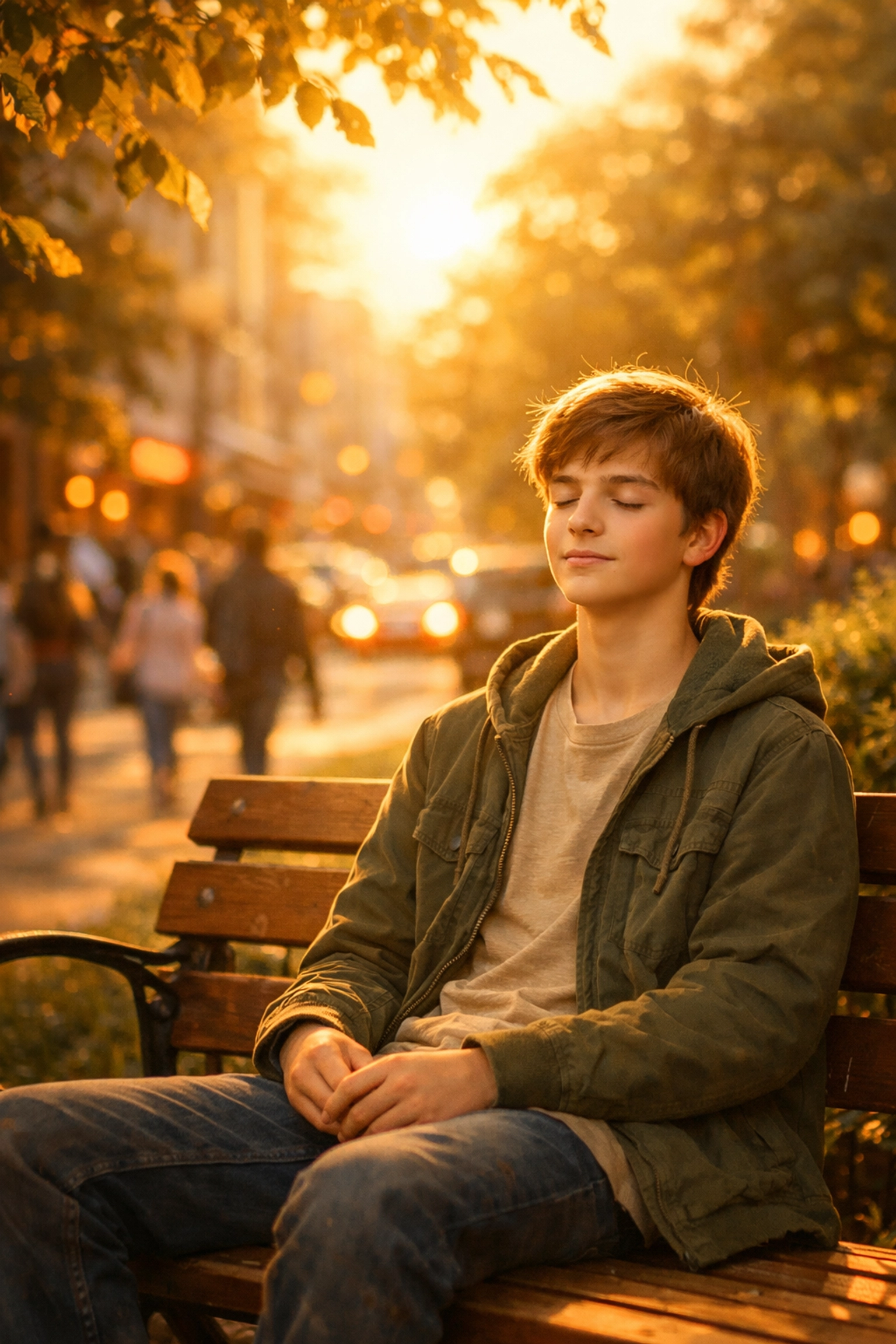 A peaceful teen sitting on a bench, symbolizing faith-based calm amidst the stress of a busy world.