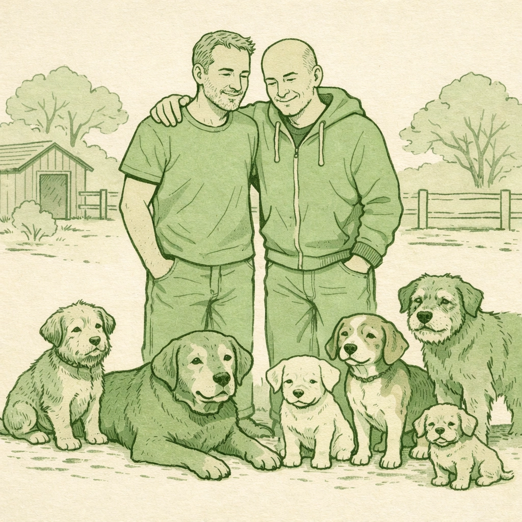 Gay couple with elderly rescue dogs at their non-profit dog sanctuary
