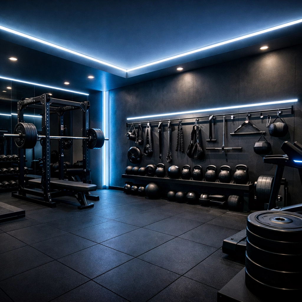 Professionally organized versatile home gym with LED lighting and elite training equipment.