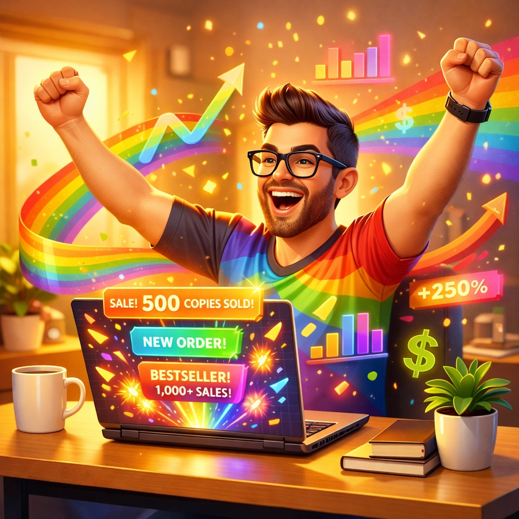 Gay author celebrating real-time sales notifications and author analytics dashboard success