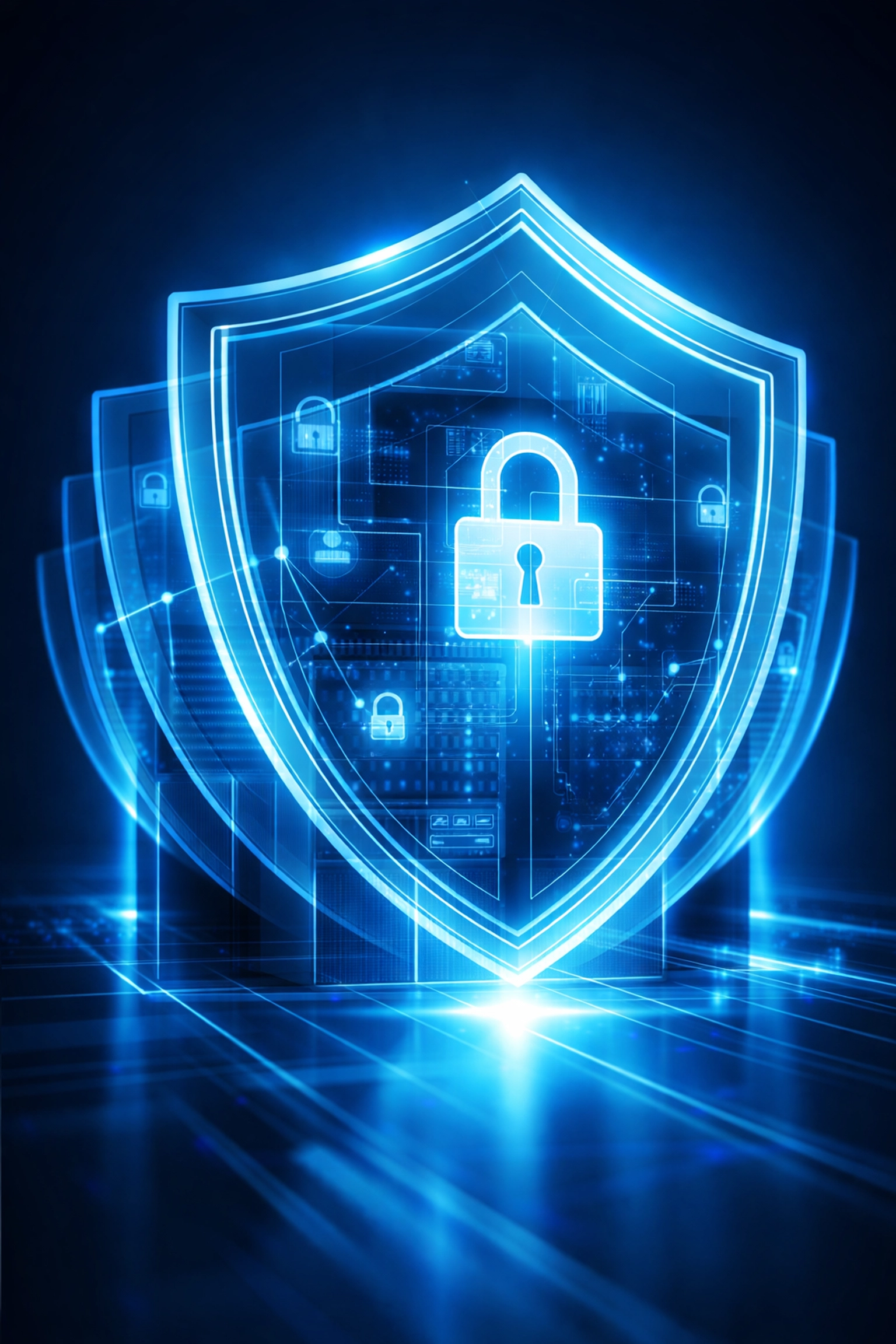 Layered cybersecurity shield concept highlighting defense strategies against phishing for SMBs.