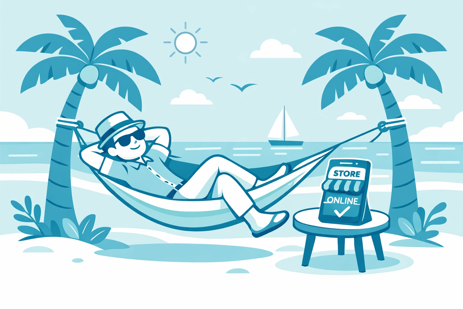 Resale shop owner relaxing on a beach while managing their store remotely via smartphone.