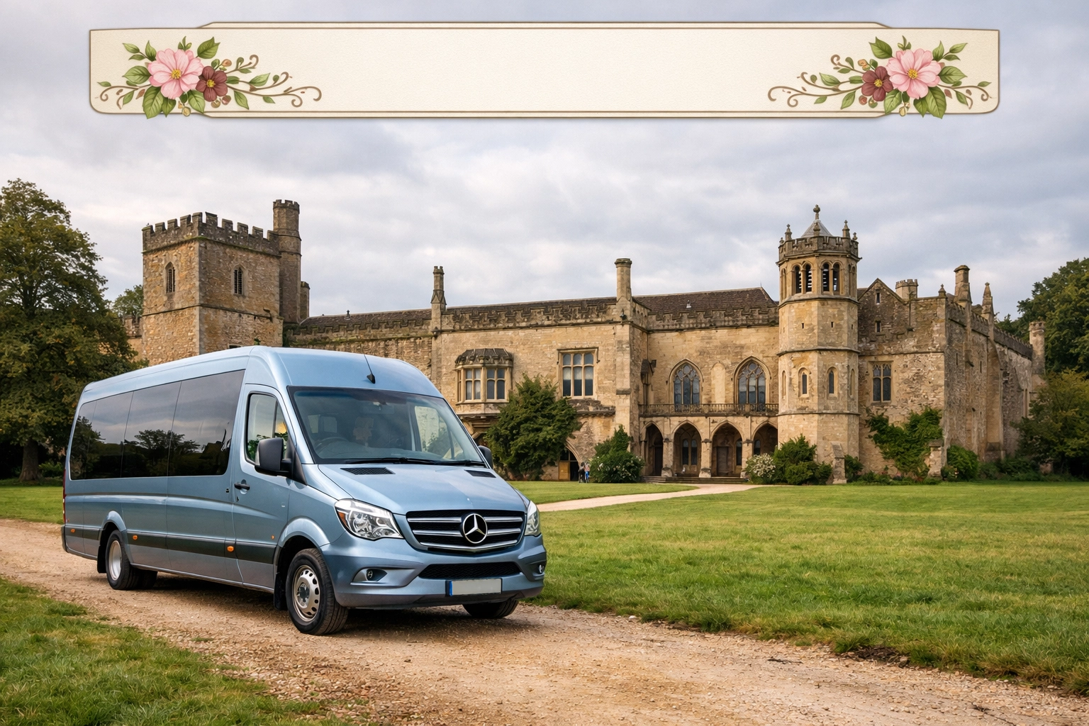 Wide-angle view of Lacock Abbey and a Silver Blue Mercedes minibus on a quiet gravel path in the Cotswolds.