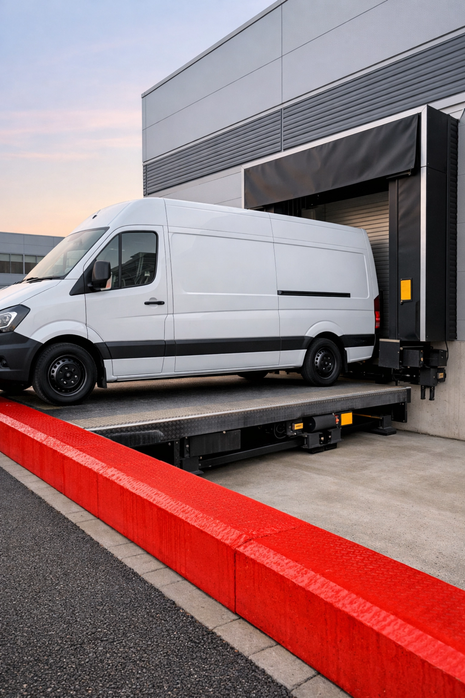 Logistics in retail delivery vehicle at a modern Hertford storage facility loading dock.
