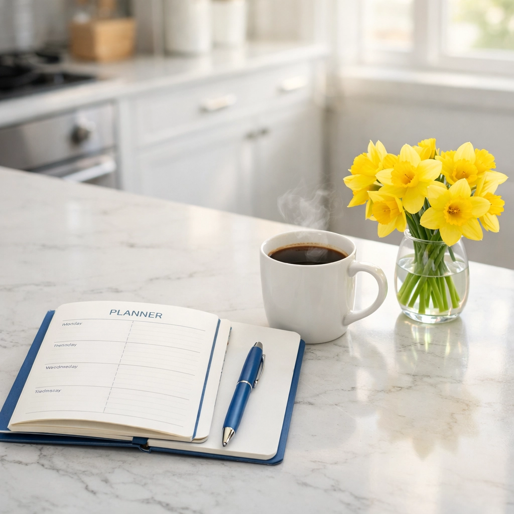 Organized spring cleaning strategy planning on a modern kitchen island with fresh yellow flowers.