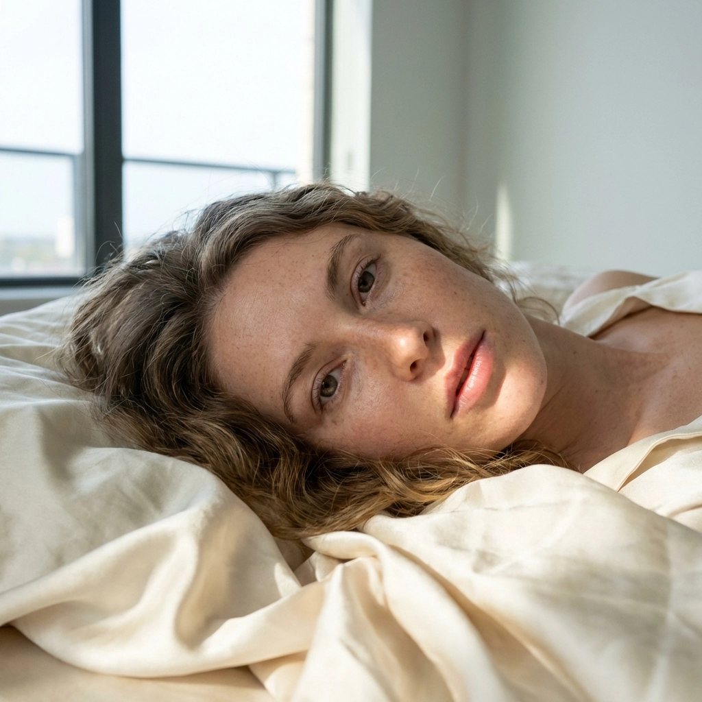 Detailed erotic photography of a woman's lips and freckled skin captured on soft silk sheets.