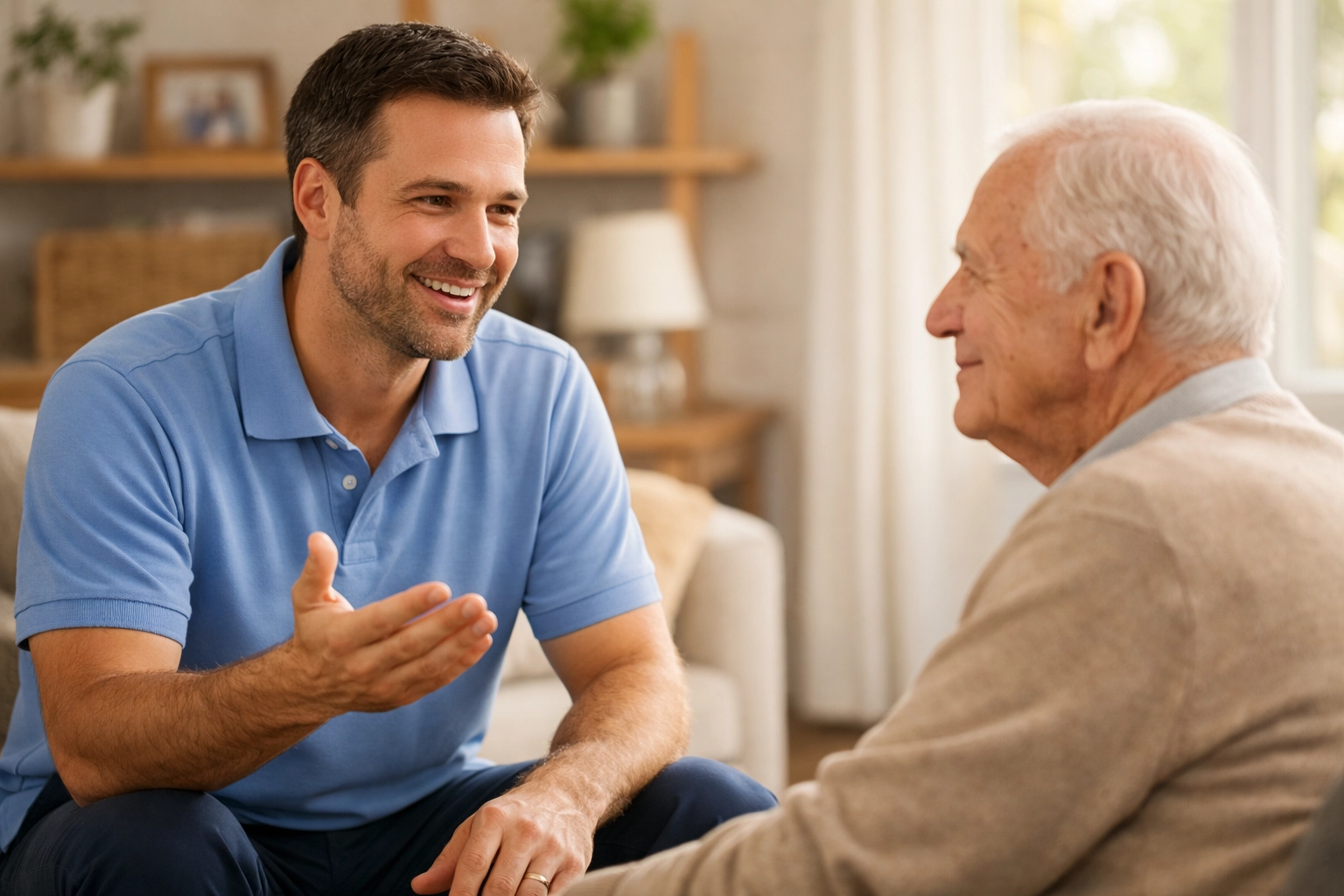 Physical therapist consulting with senior man about home fall risk assessment and mobility.