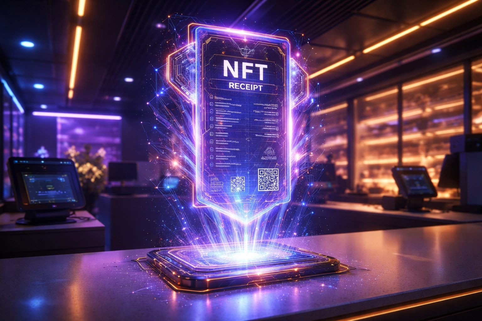 A glowing digital receipt transforms into an NFT hologram above a merchant counter, highlighting Larecoin NFT receipts for crypto payments.
