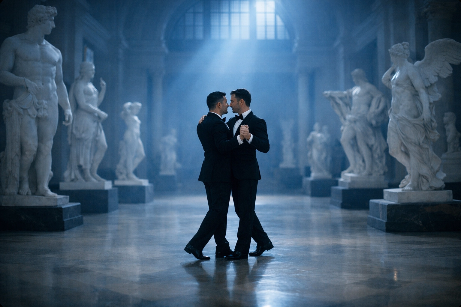 Two men dancing in tuxedos in a moonlit museum, a classic scene from gay contemporary romance.