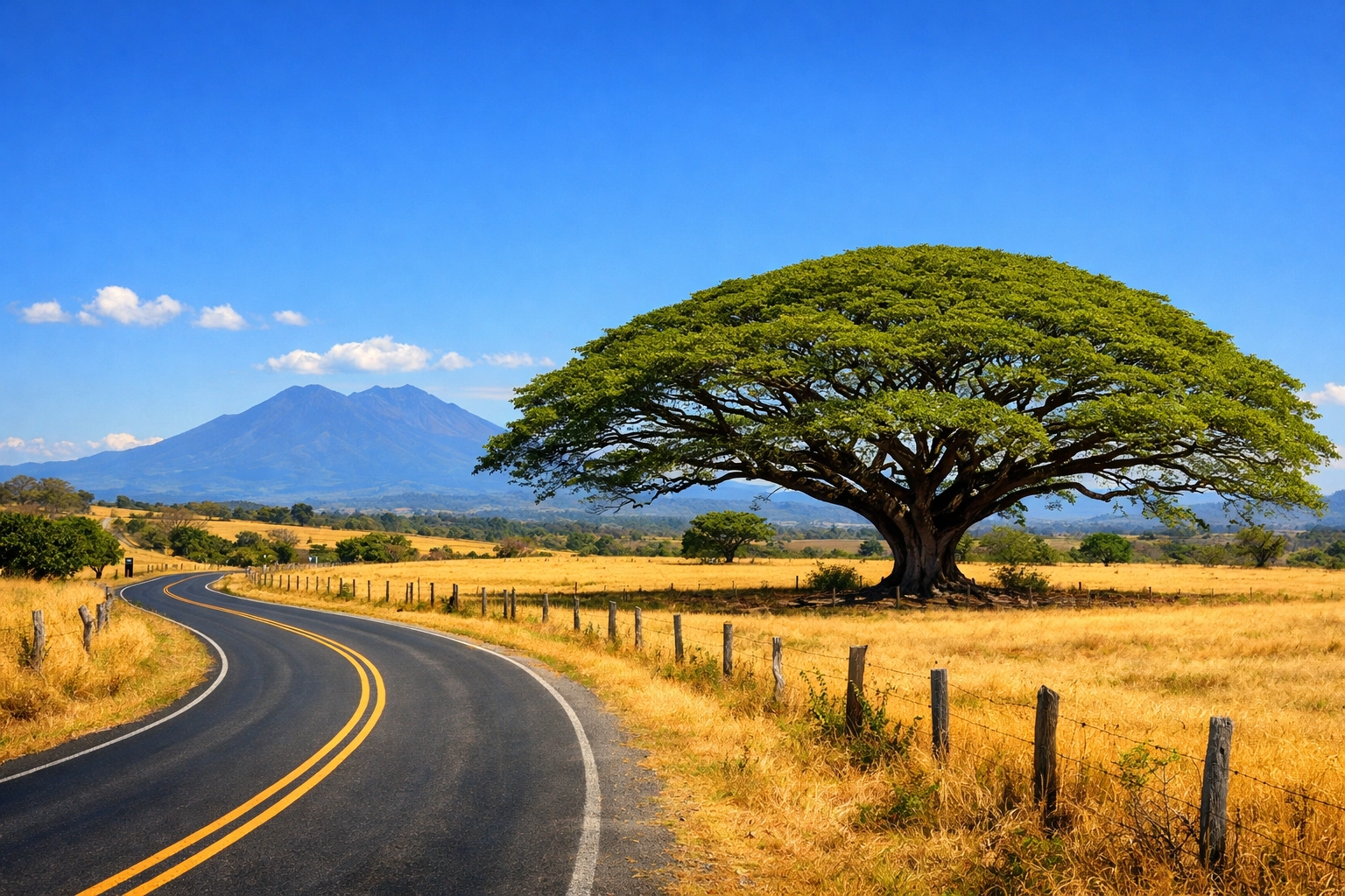 The beautiful Guanacaste countryside and volcano views seen from an LIR airport shuttle.