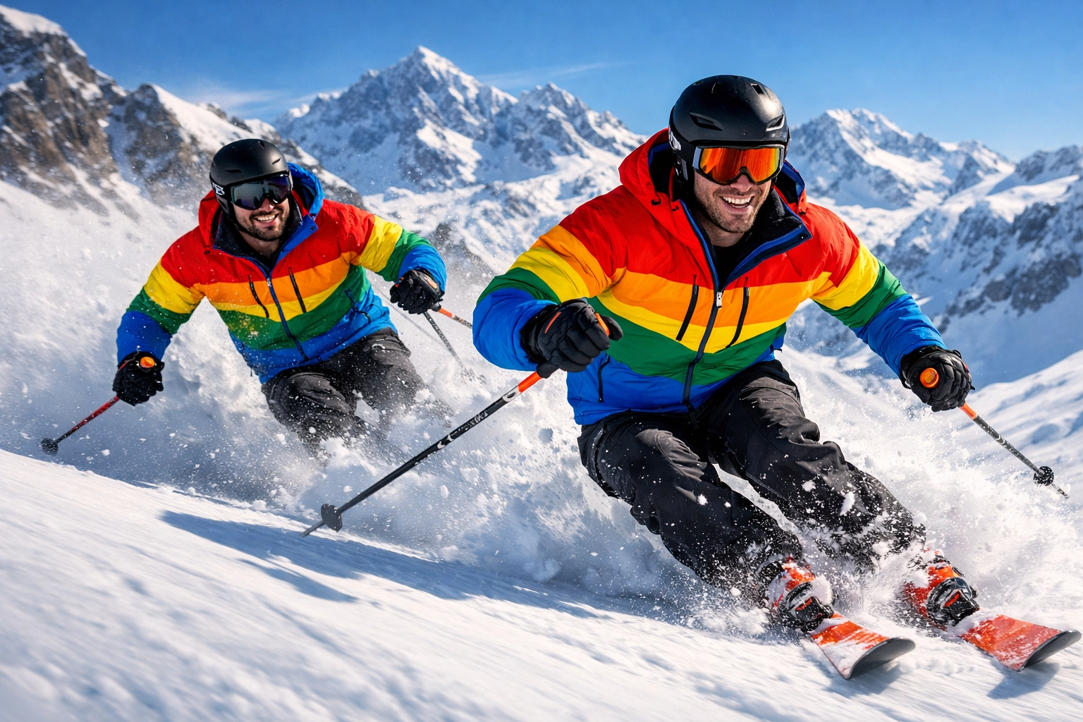Two gay men skiing fresh powder in Tignes with dramatic Alpine peaks behind them