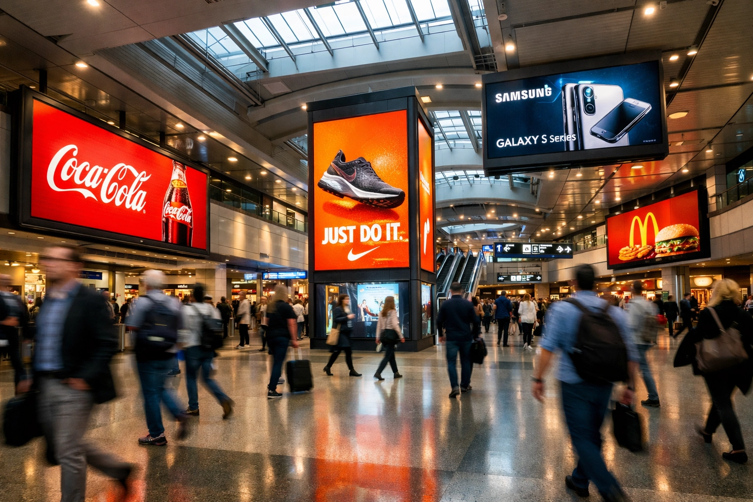 Digital advertising displays in transit station showing automated brand sponsorship activations
