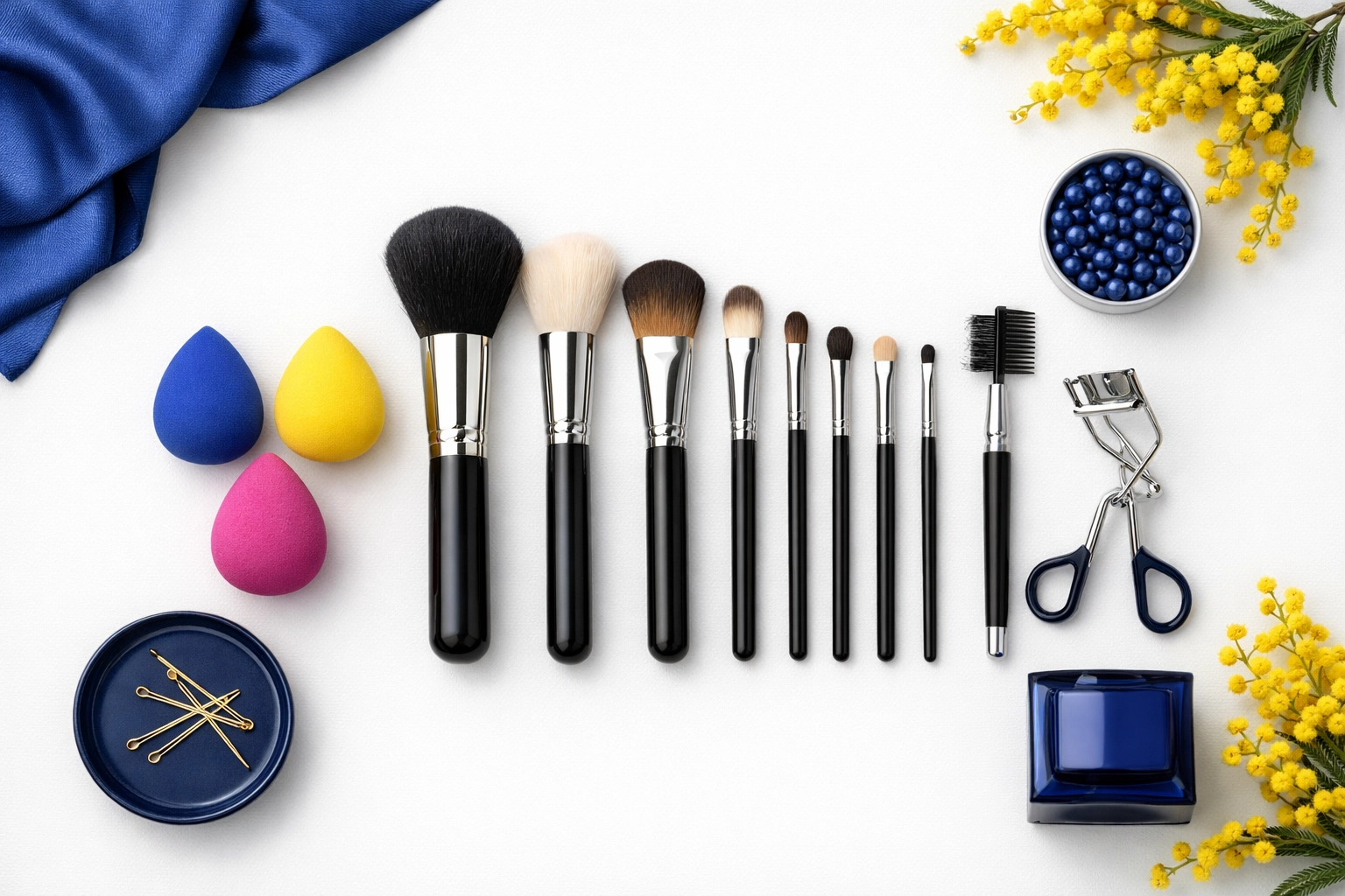 Clean makeup brushes and beauty sponges neatly arranged for a hygienic skincare routine.