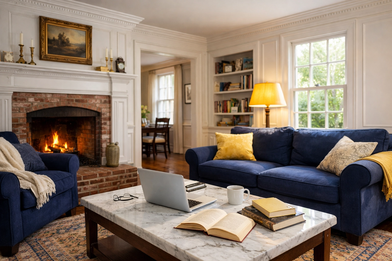 A cluttered yet elegant living room in a Harvard, MA colonial home awaiting emergency cleaning.