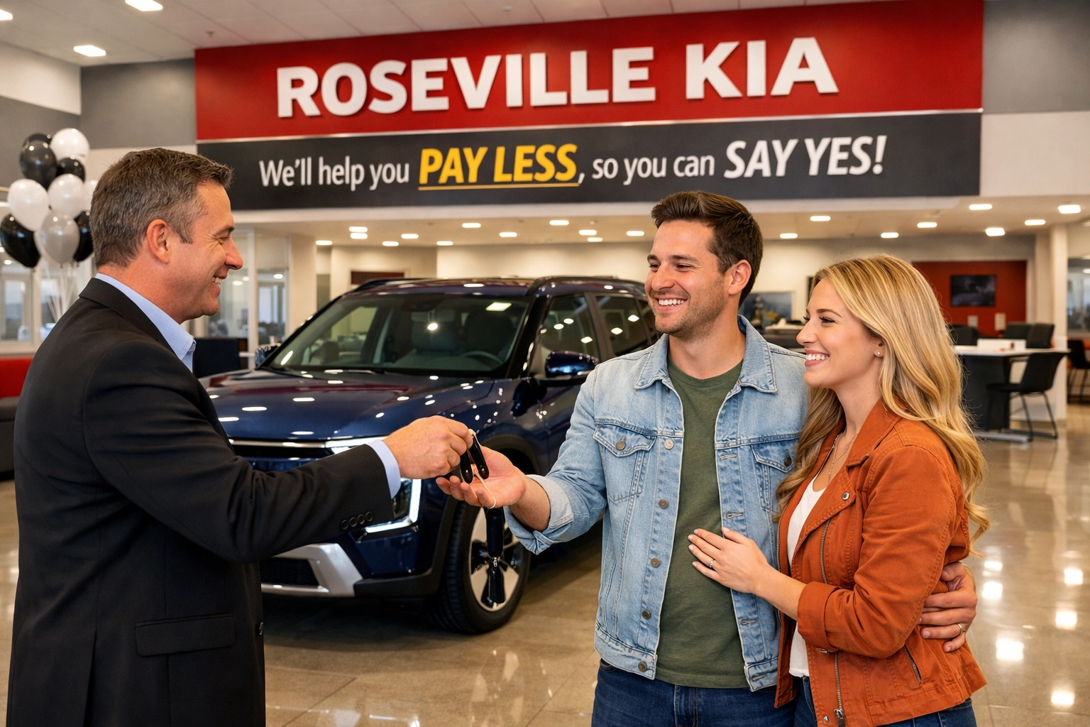 Friendly car delivery at Roseville Kia showroom featuring a new Kia EV9 SUV for a couple.