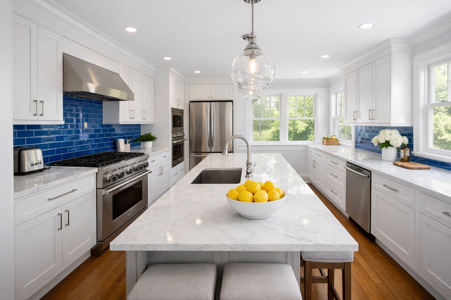 A spotless modern kitchen in a Holliston MA home after professional residential cleaning services.