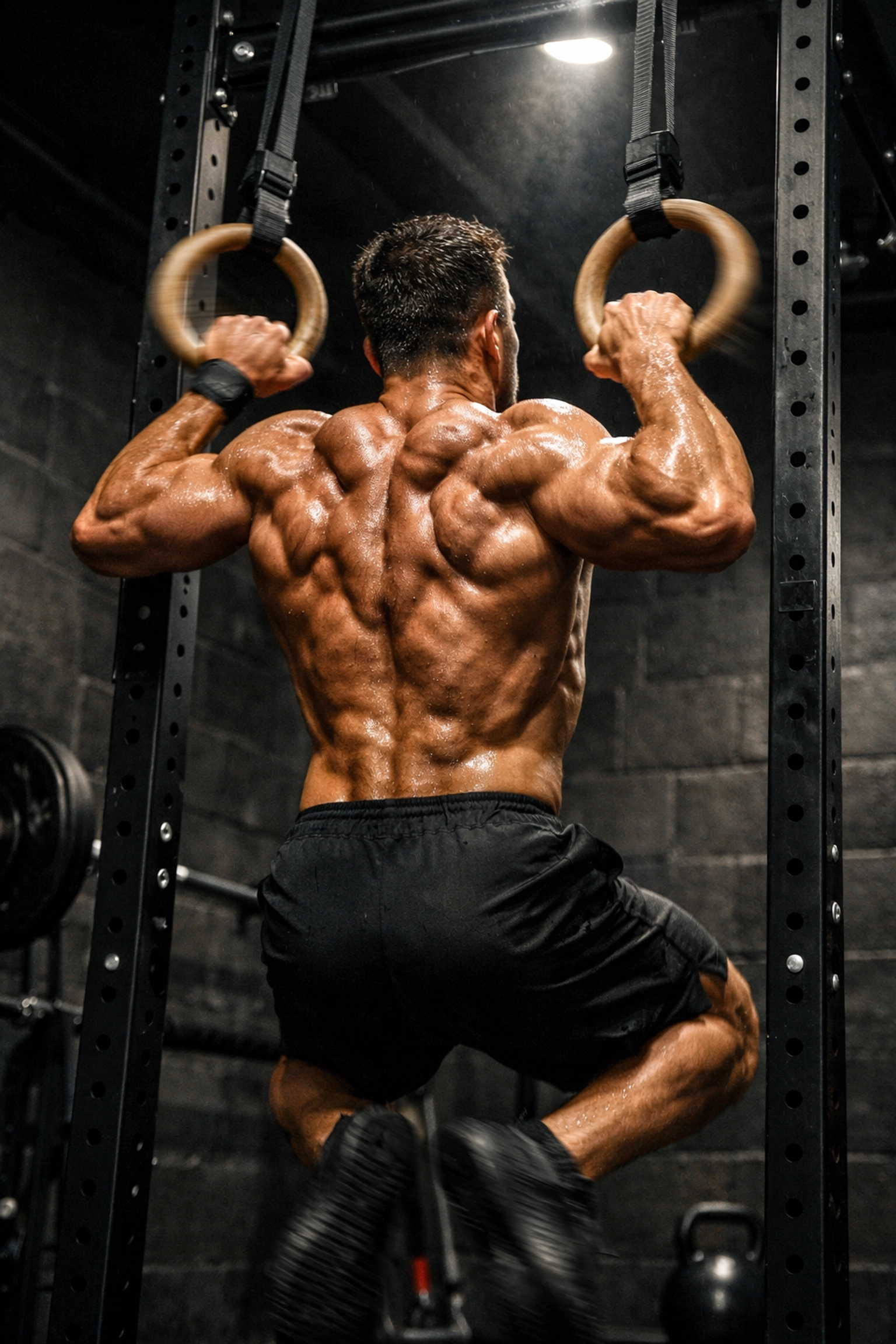 Athlete performing advanced calisthenics training at home using a heavy-duty pull up bar alternative.