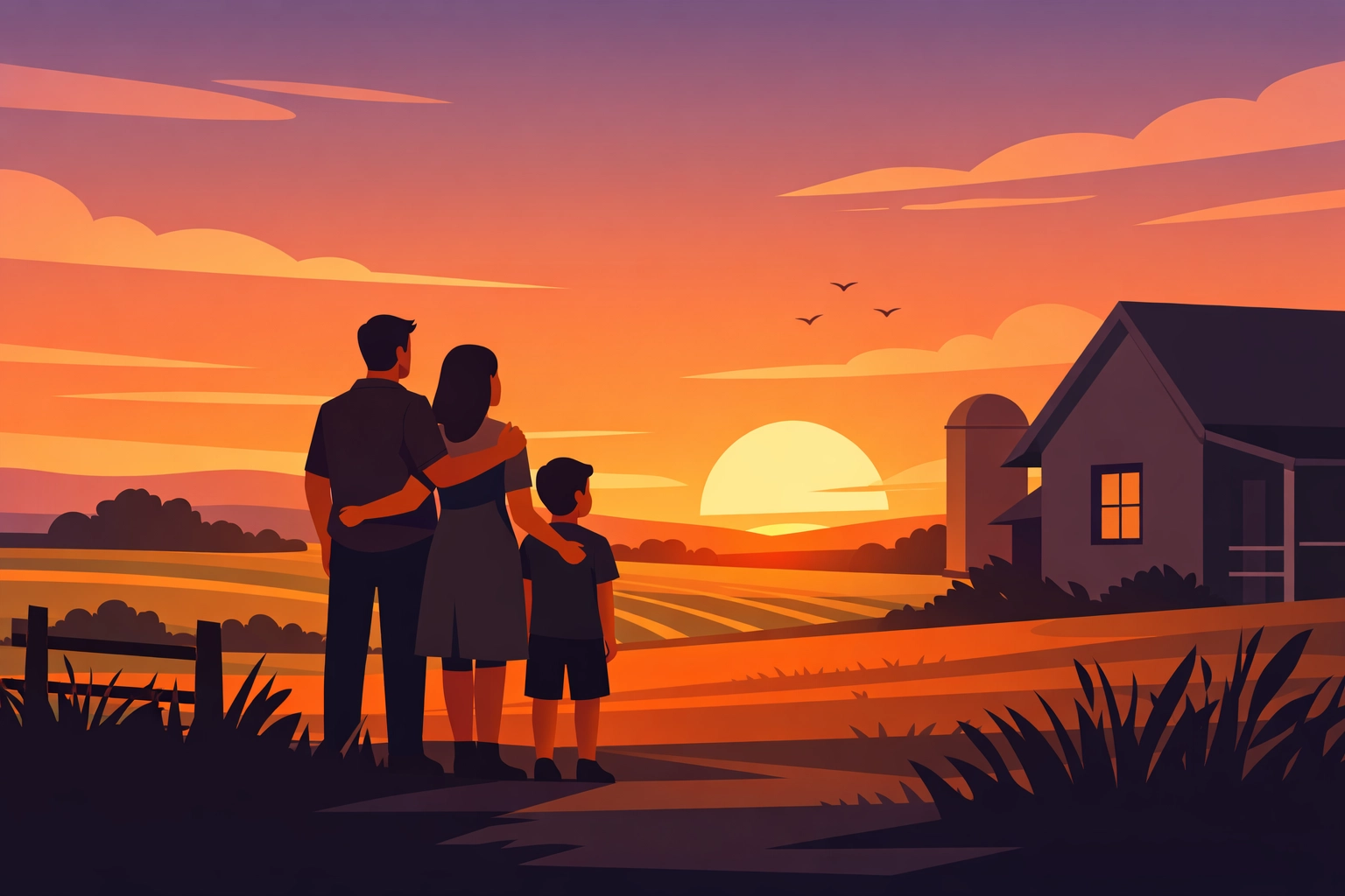 Family standing together at new farmhouse representing fresh start and pursuing dreams