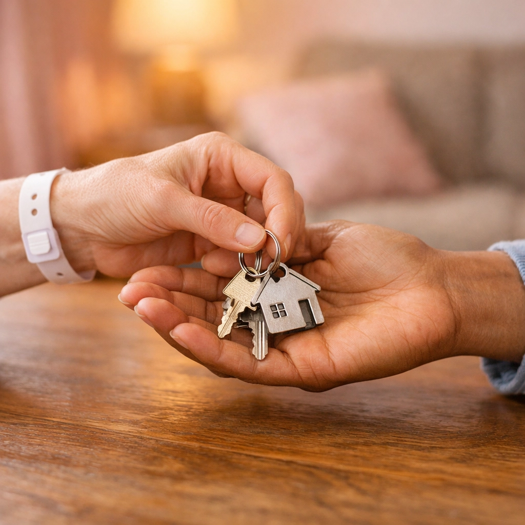 Hands exchanging house keys symbolizing housing assistance for breast cancer patients