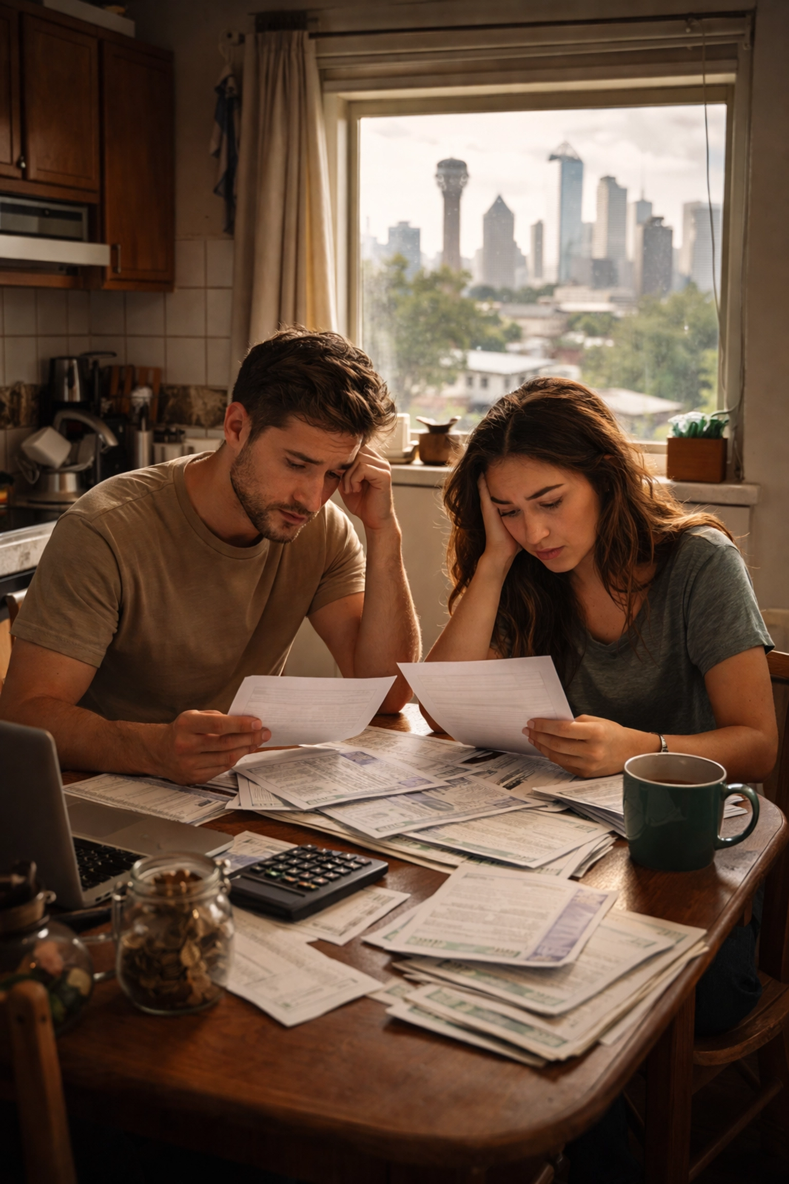Young couple reviewing bills in a small Dallas apartment, stressed about high rent costs