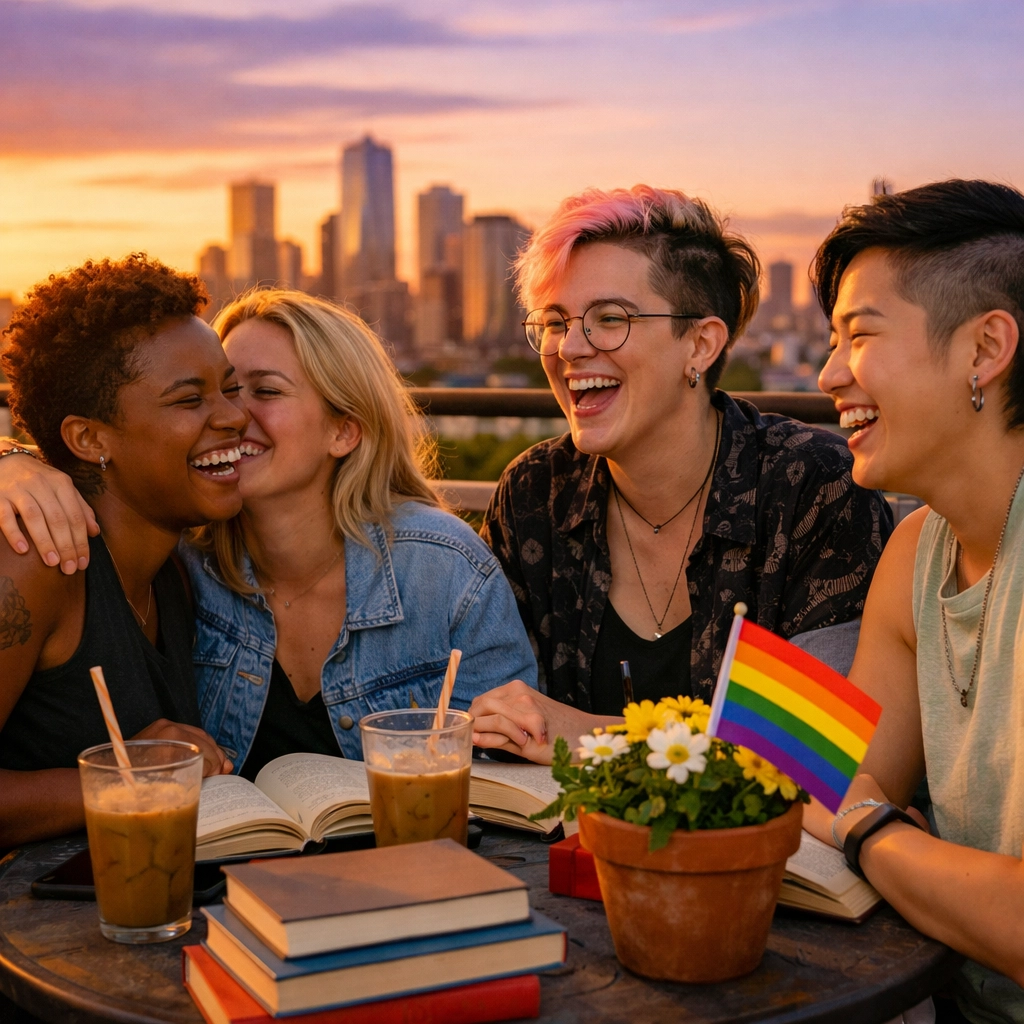 Joyful LGBTQ+ friends and a lesbian couple discussing queer fiction on a city rooftop at sunset.