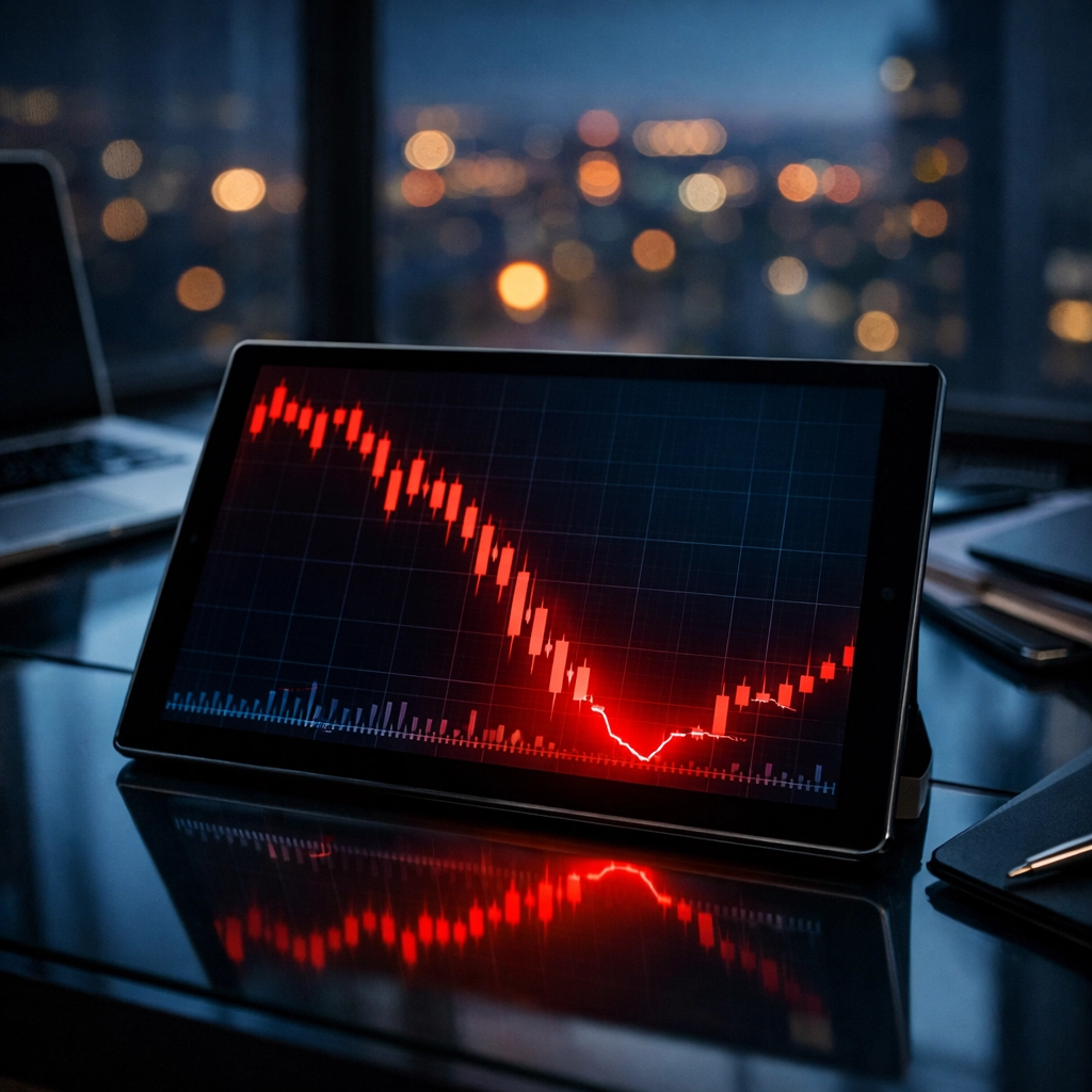 Financial market chart showing a sharp downward trend and red candles during the March gold market melt.