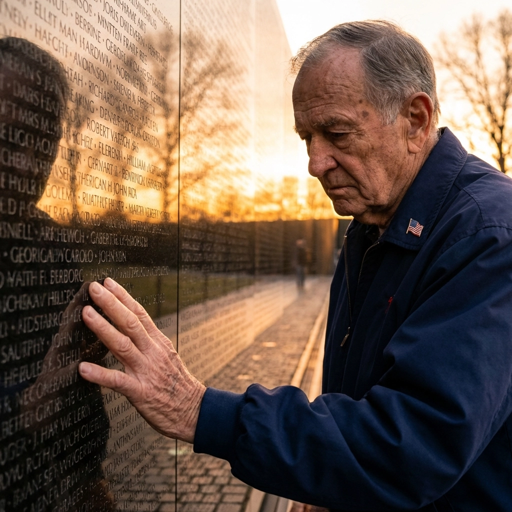 Elderly veteran honors fallen comrades at Vietnam Veterans Memorial, showing deep remembrance and patriotism.