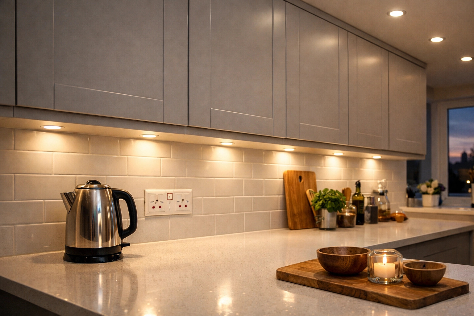 Modern Dorset kitchen featuring energy-saving LED lighting and under-cabinet strip lights.