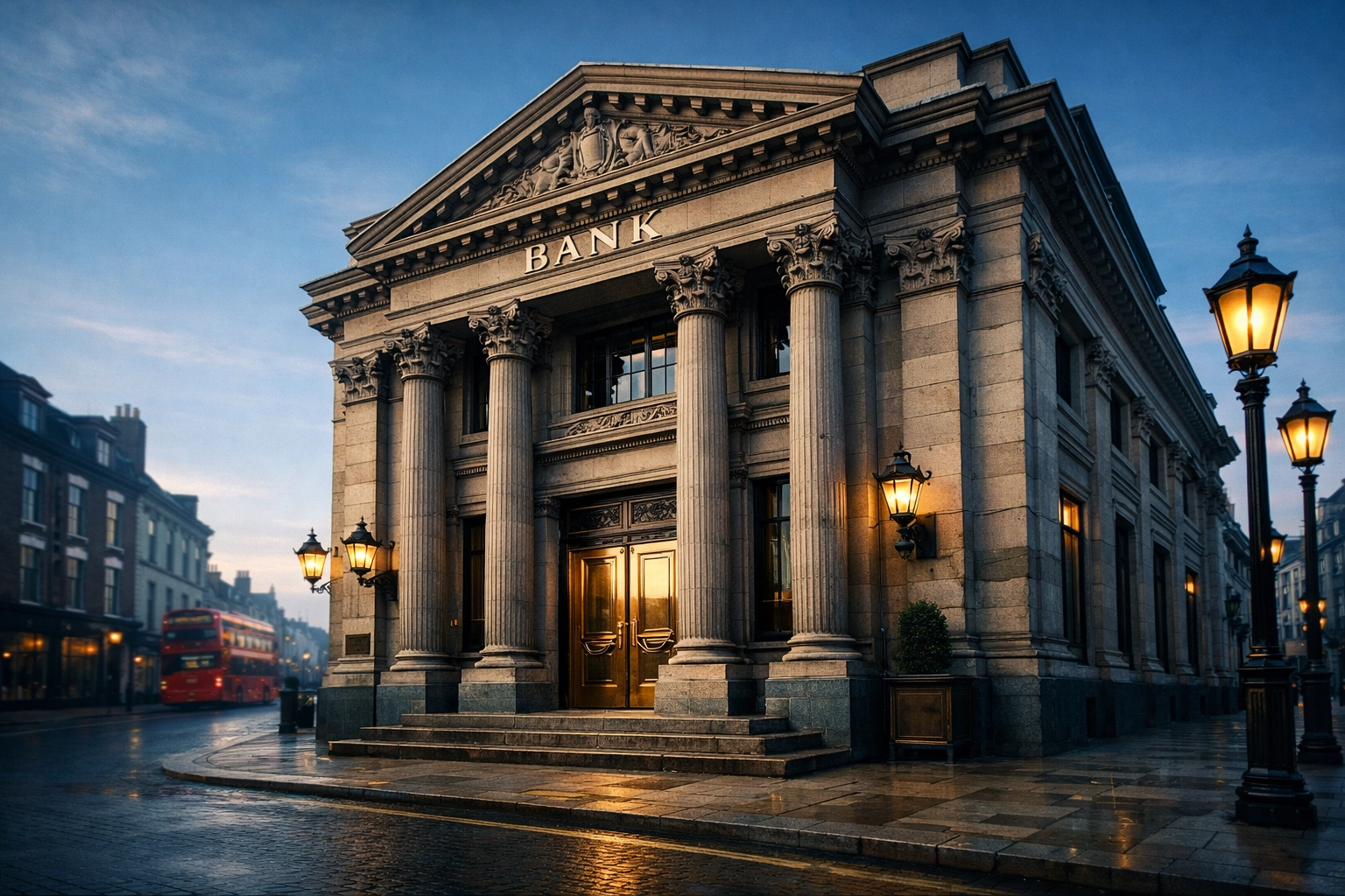 Traditional high street bank building with grand columns, representing commercial mortgage lenders.