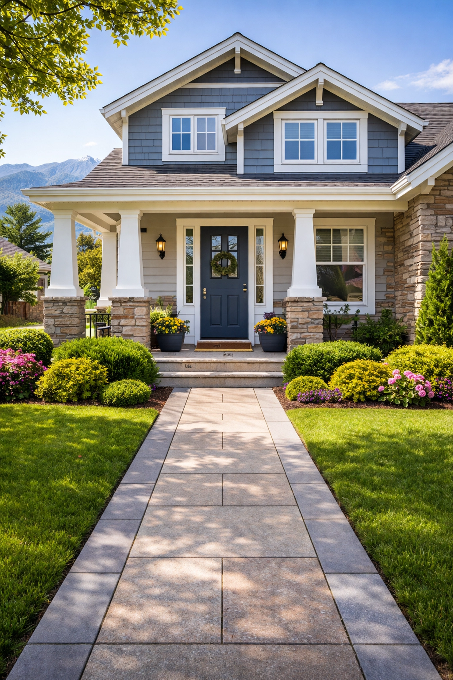 Well-maintained Denver home exterior with blue front door, potted plants, and clean landscaping for open house curb appeal