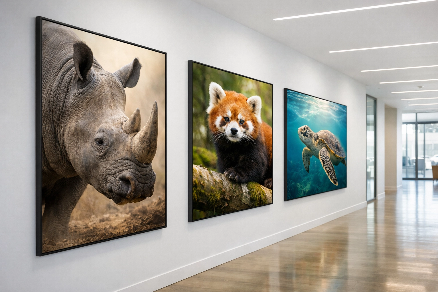 Wildlife photography gallery showcasing high-quality images of rhinos, red pandas, and sea turtles.