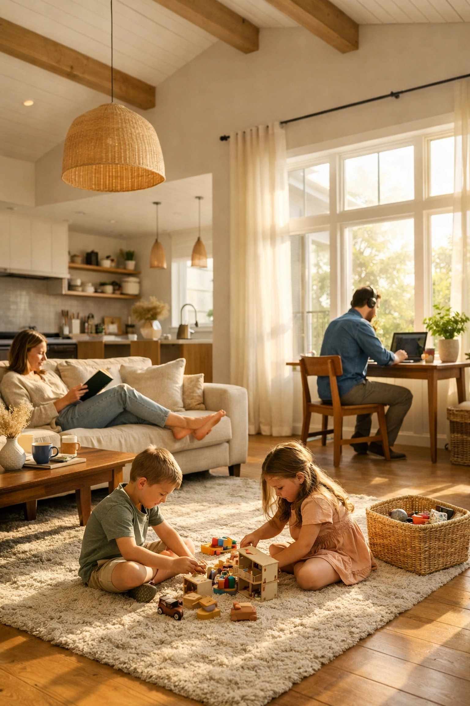 Spacious open-concept vacation home living area with family enjoying multiple rooms and work space