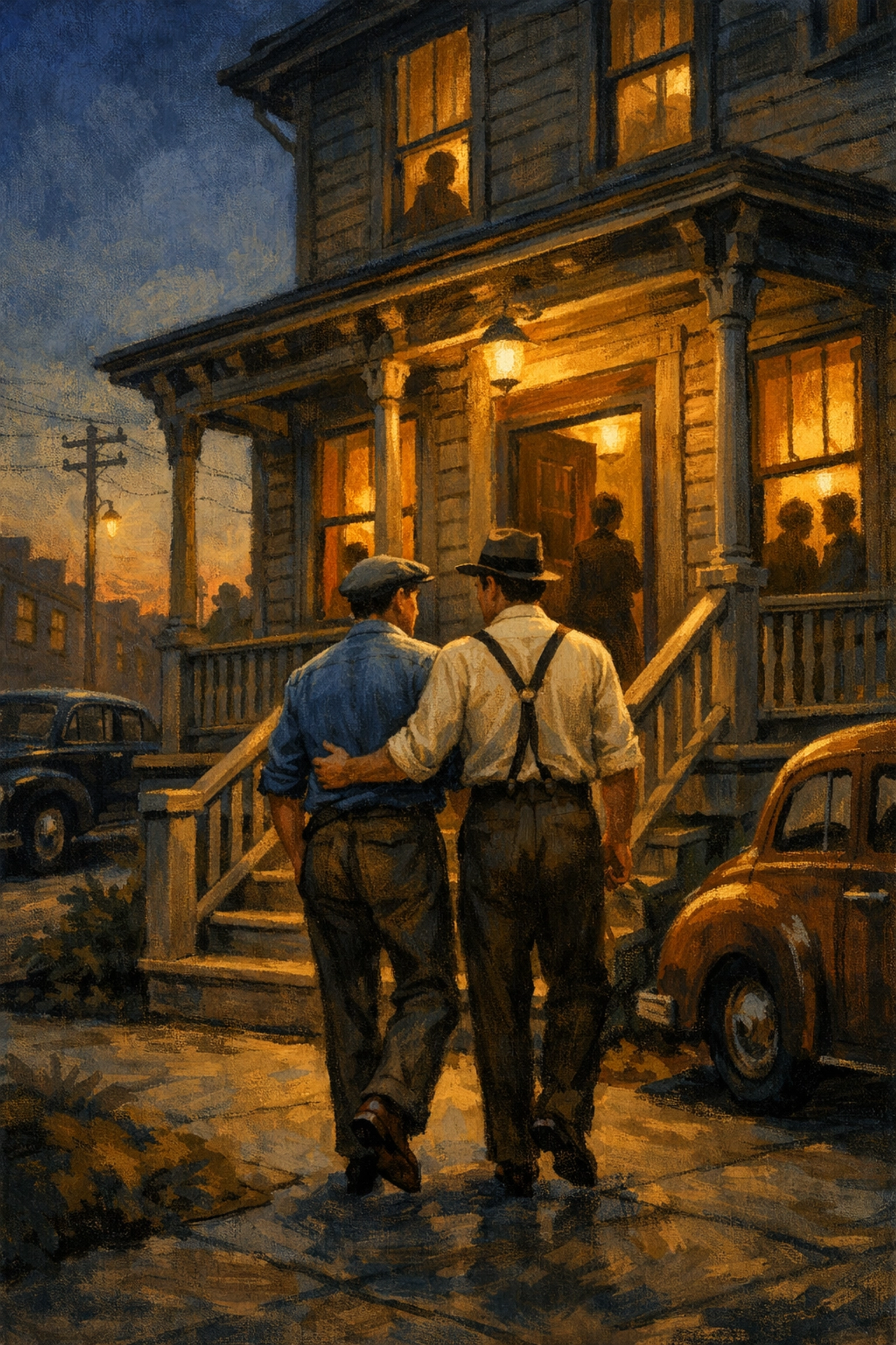 Gay couple arriving at wartime boarding house in 1940s America