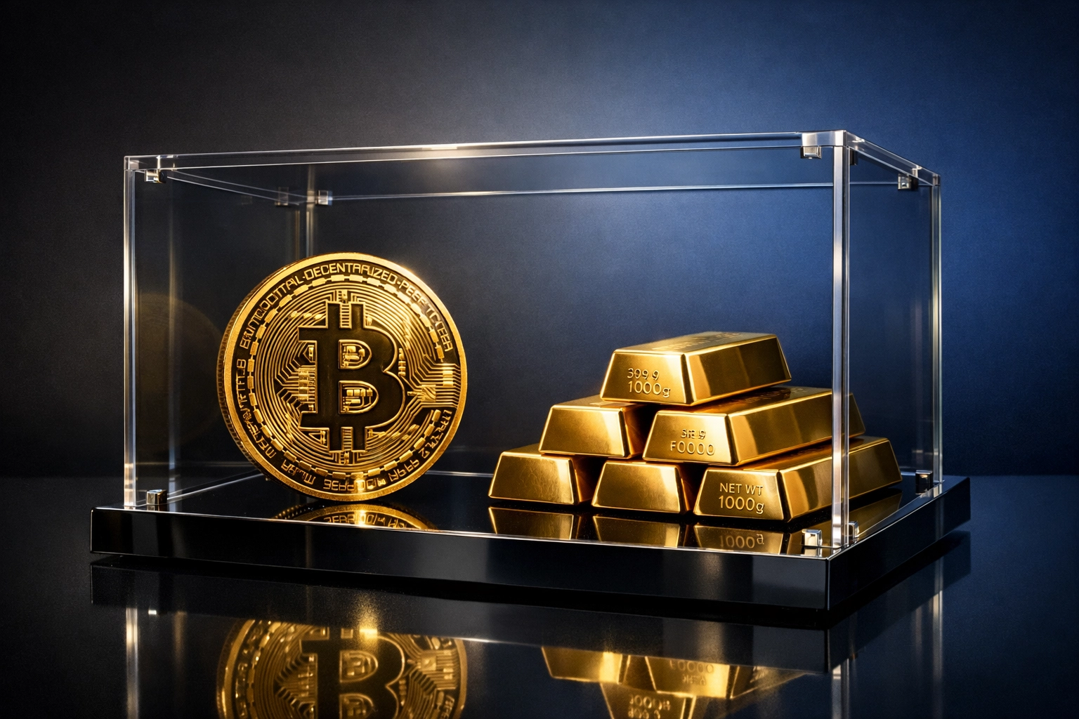 Bitcoin and gold bars representing digital and traditional institutional investment assets