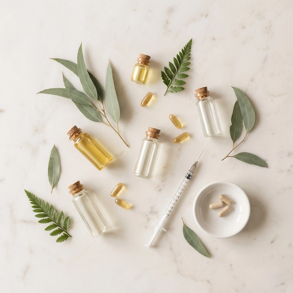 Flat-lay of mesotherapy ingredients and tools highlighting targeted skincare solutions