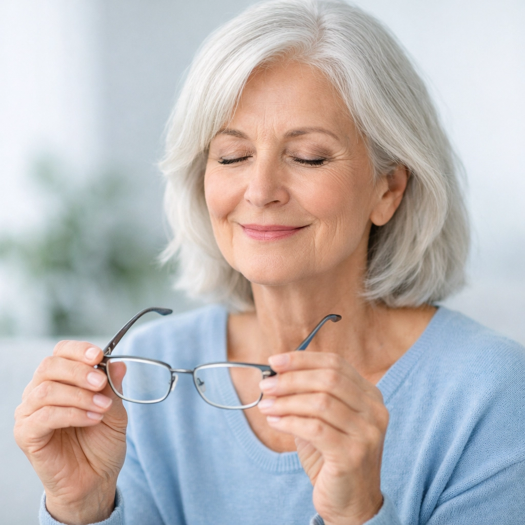 Senior woman with eyeglasses illustrating how vision expenses help meet Medi-Cal Share of Cost.