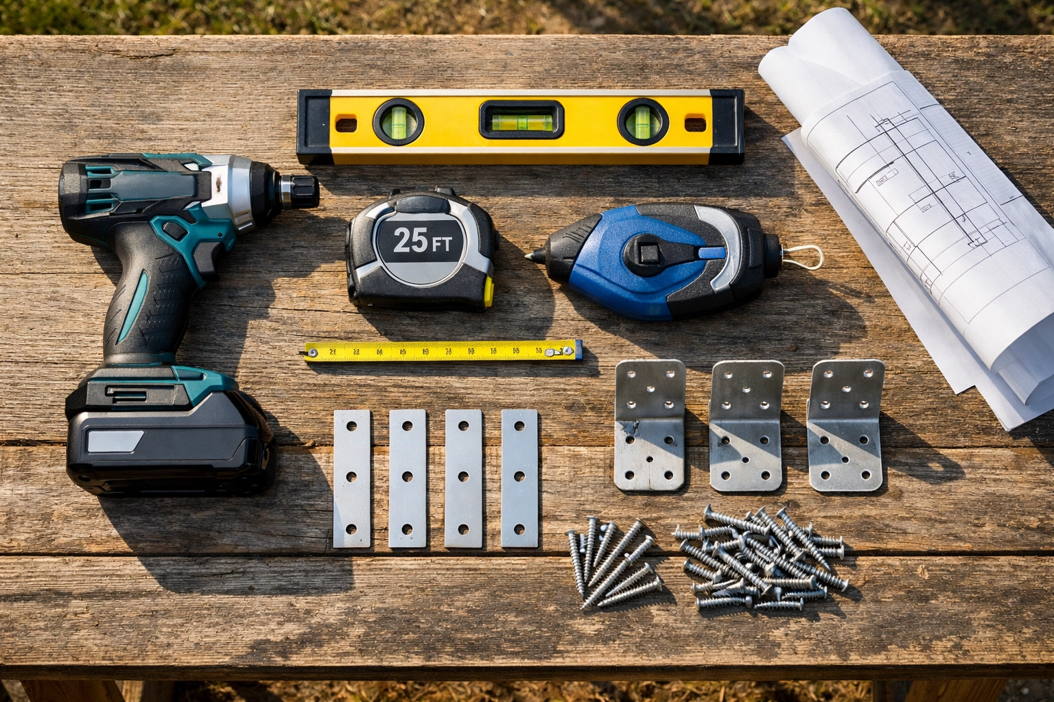 Essential tools and blueprints laid out for a professional DIY louvre kitset installation project.