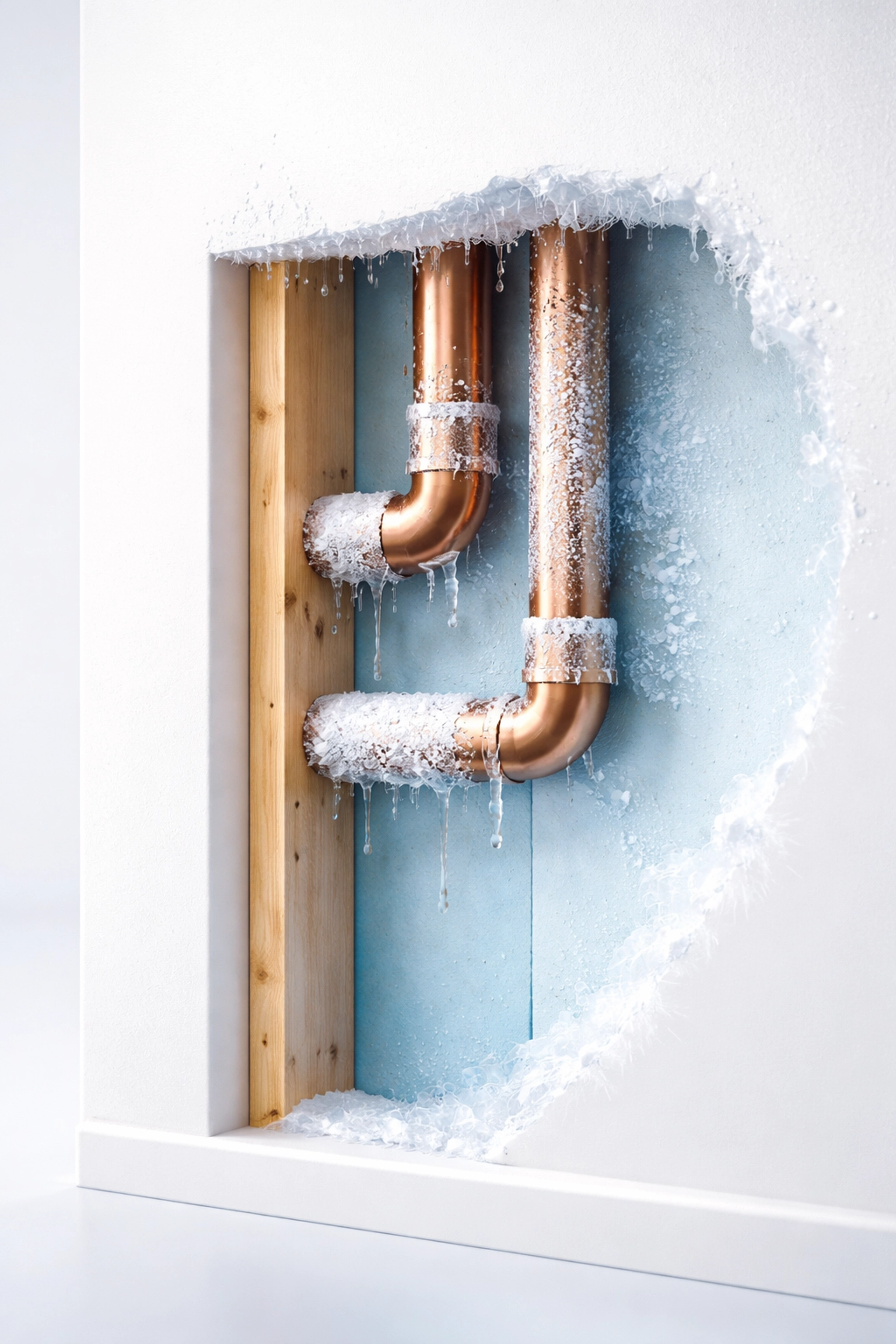 Exposed copper pipes inside a home wall with ice forming, illustrating frozen pipe risks and water damage prevention.