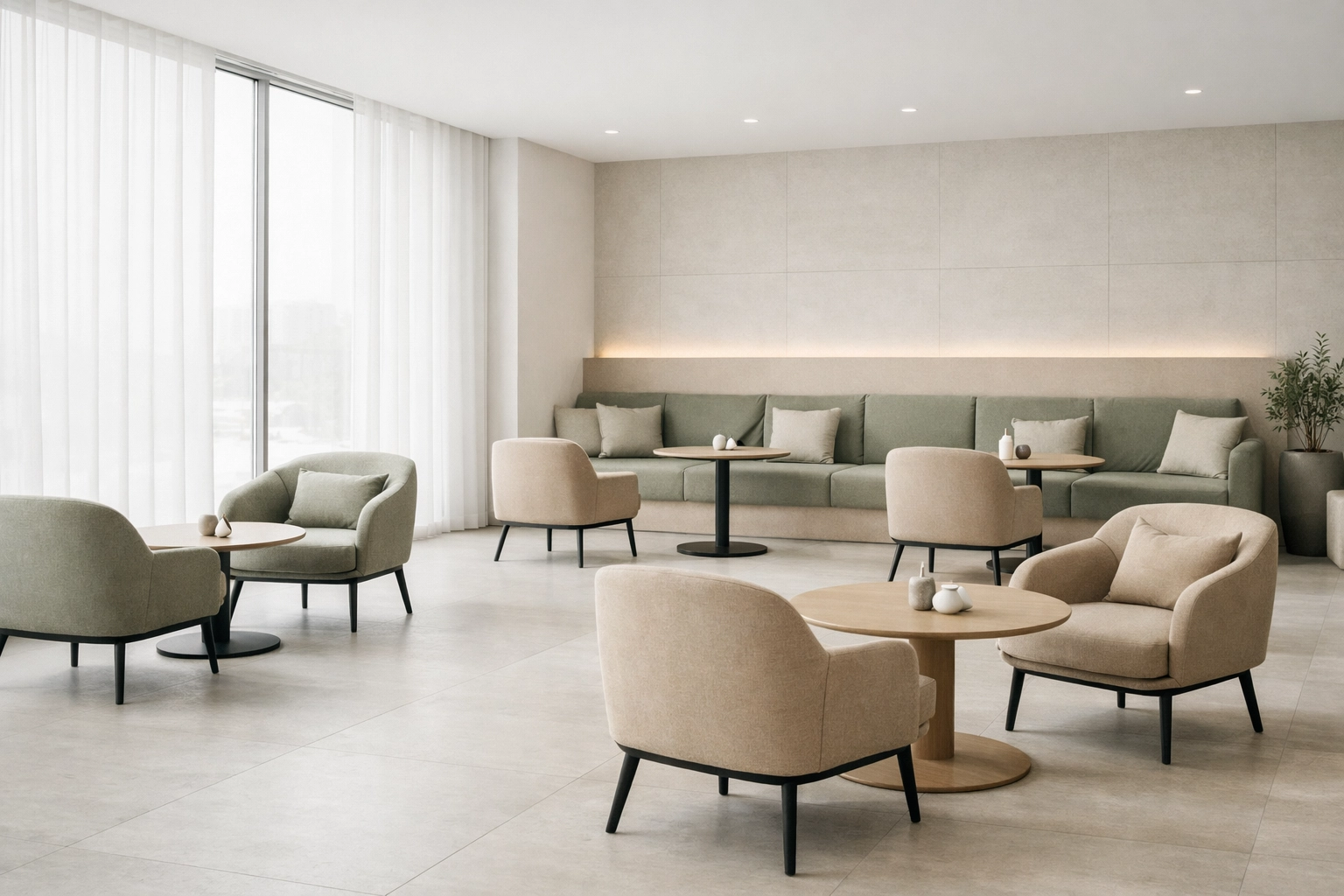 Durable upholstered armchairs in a minimalist hotel lobby designed for high-traffic commercial use.