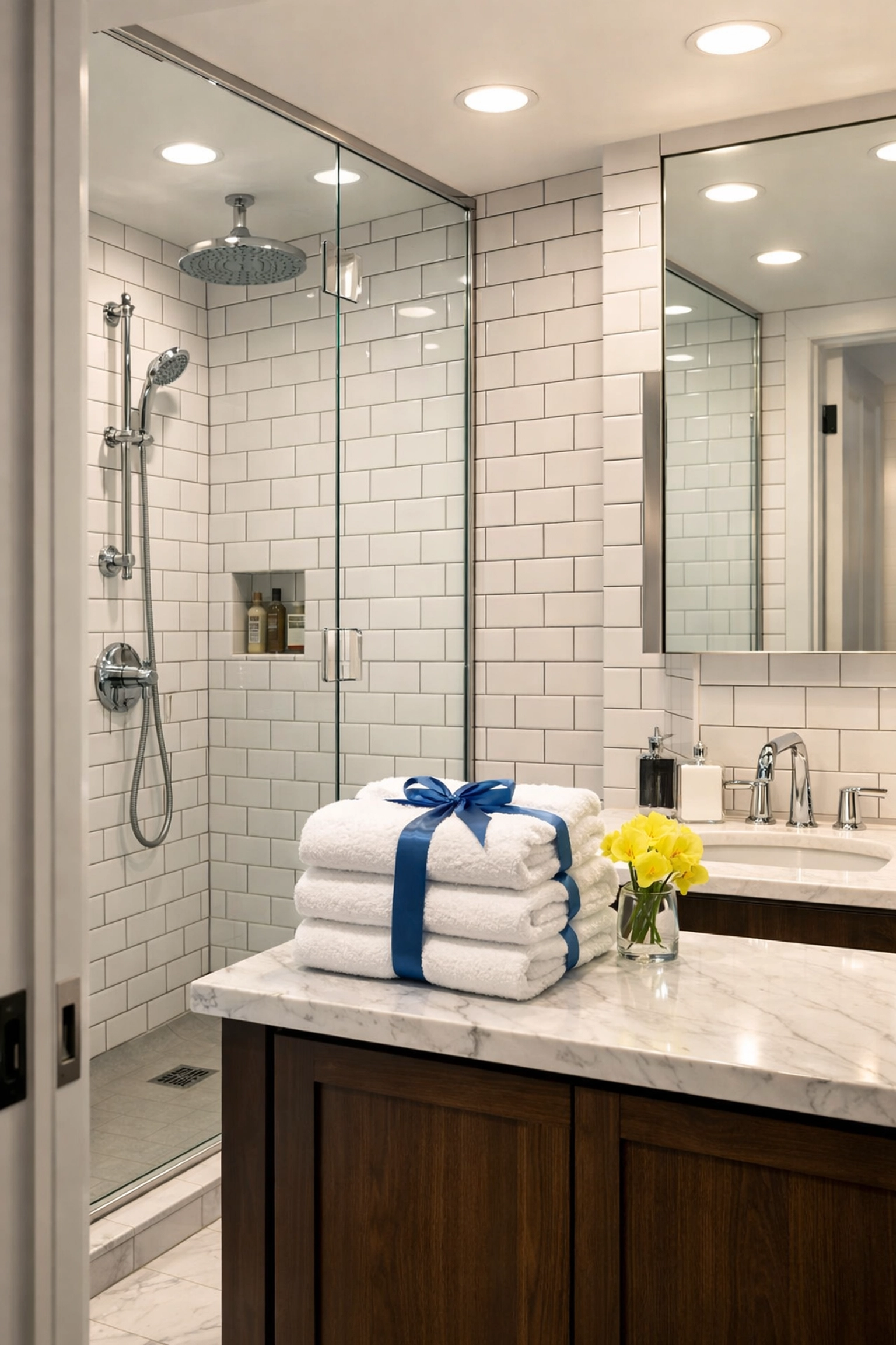 A spotless modern bathroom featuring white subway tiles after a thorough apartment turnover in Cambridge.