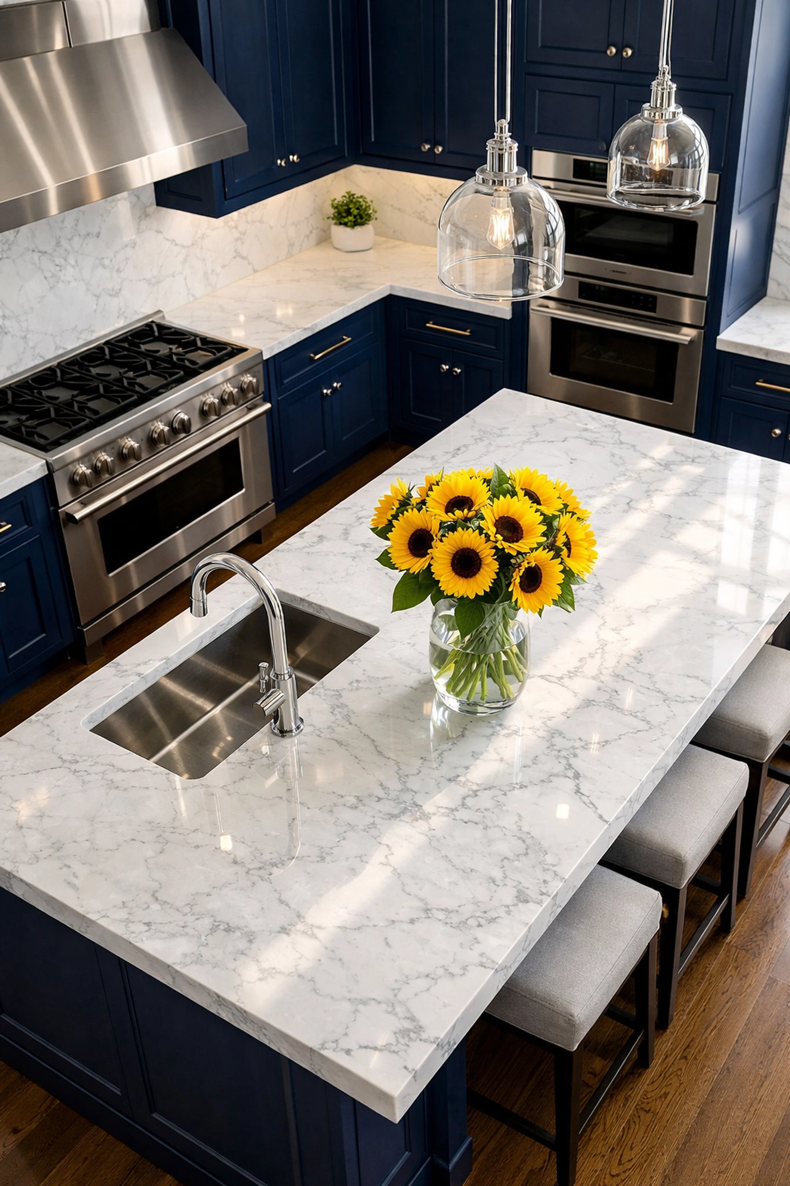 Spotless luxury kitchen with polished marble counters after a professional weekly house cleaning service.