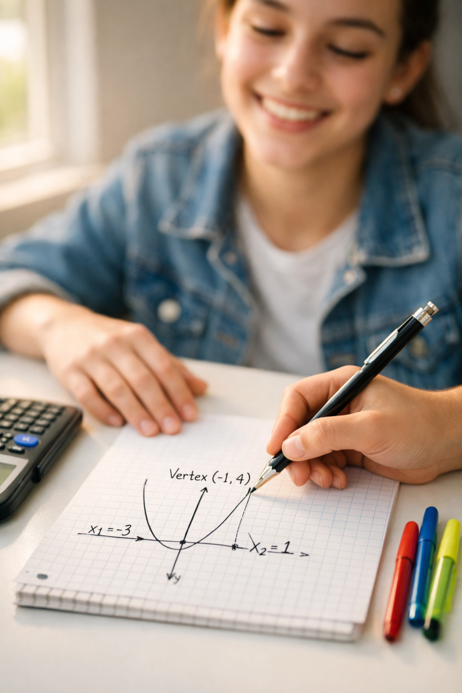 Student solving parabola graph problem on paper for SAT practice